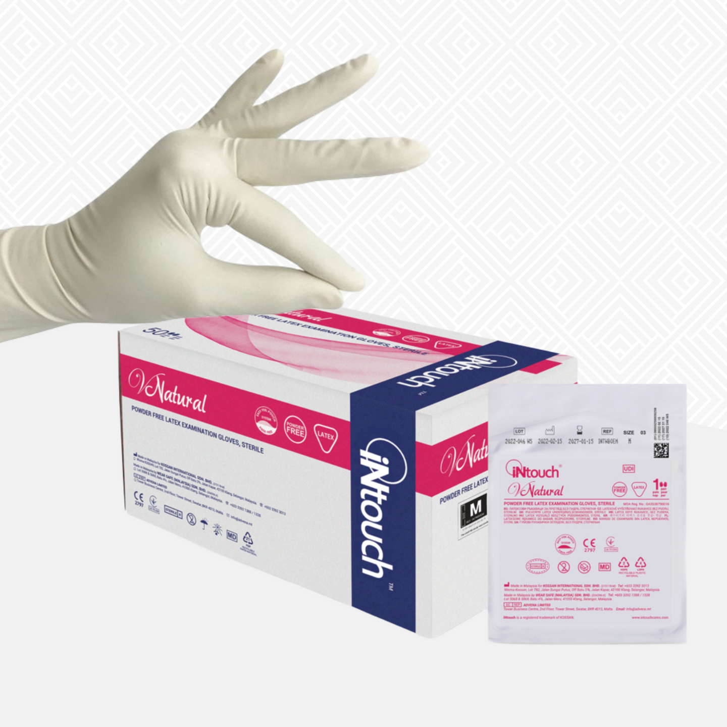 iNtouch V Natural Sterile Powder Free Latex Examination Glove (9"/6.8g/1pair)