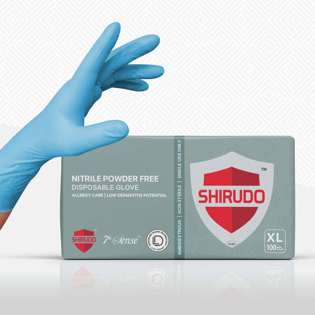 SHIRUDO 7th Sense Sky Blue Nitrile Disposable Glove – LD technology, Food Safe (9"/3.8g/100pcs)