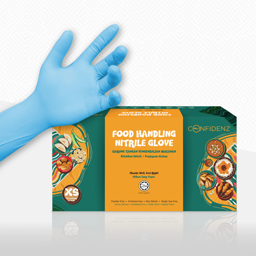 [HALAL] CONFIDENZ Blue Nitrile Disposable Gloves -LD technology, Food Safe (9"/4.6g/100pcs)