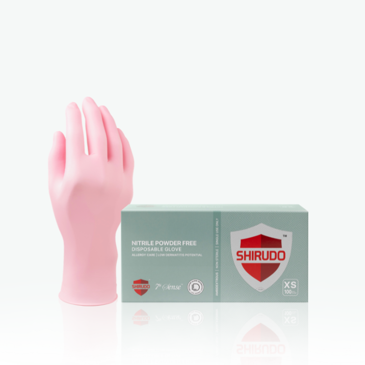 Shirudo 7th Sense Pink Nitrile Disposable Glove, LD Technology™ (9.5"/4.2g/100pcs)