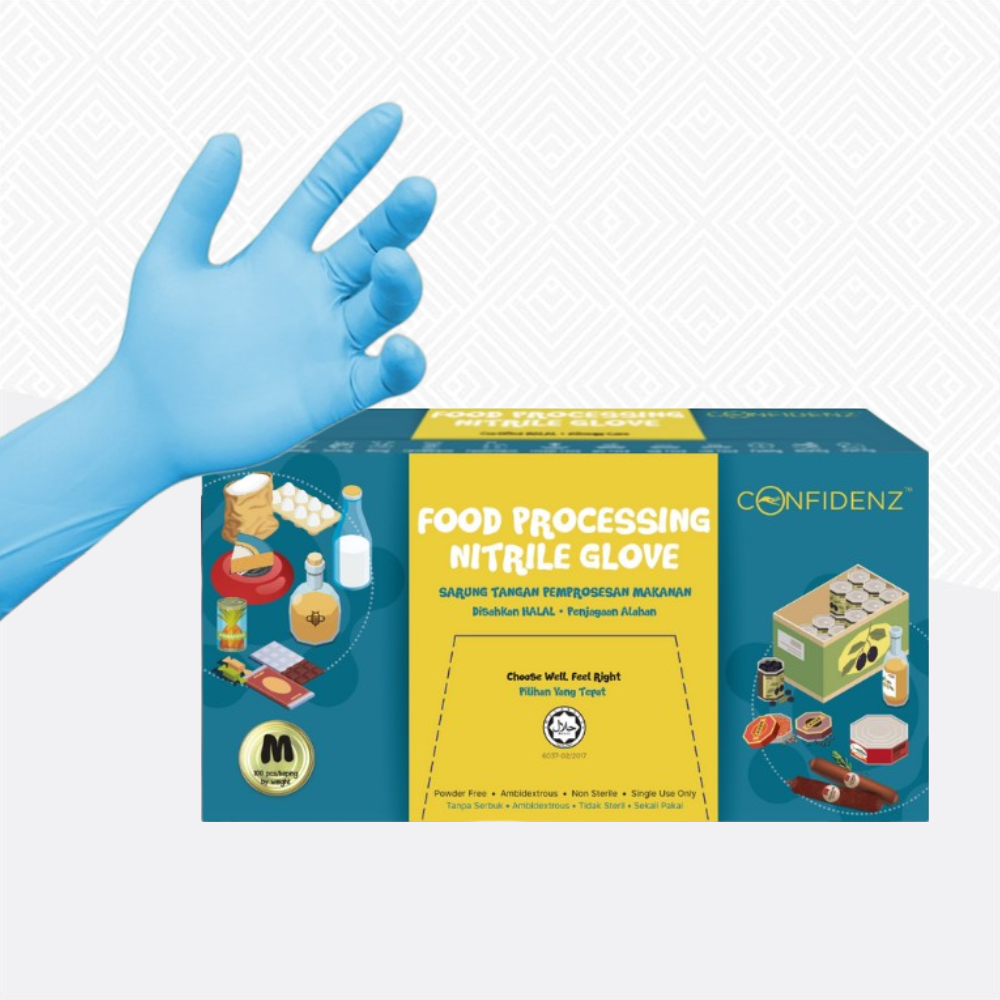 [HALAL] CONFIDENZ Blue Nitrile Disposable Gloves -LD technology, Food Safe (9"/4.6g/100pcs)