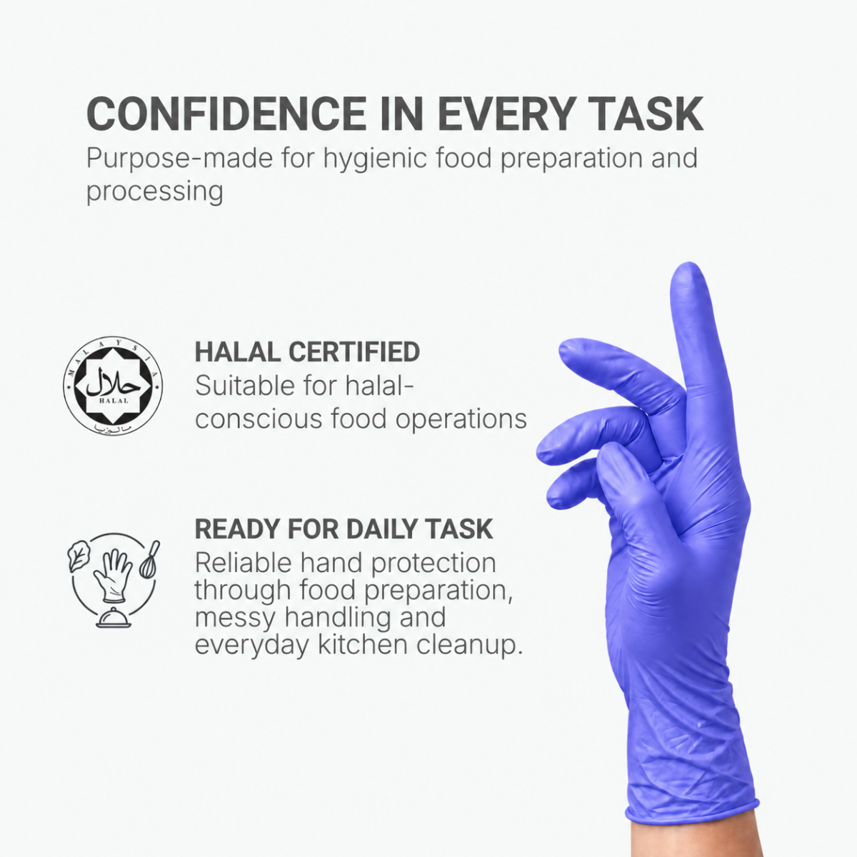 Confidenz Halal Blue Nitrile Disposable Glove, Food Safe (9.5